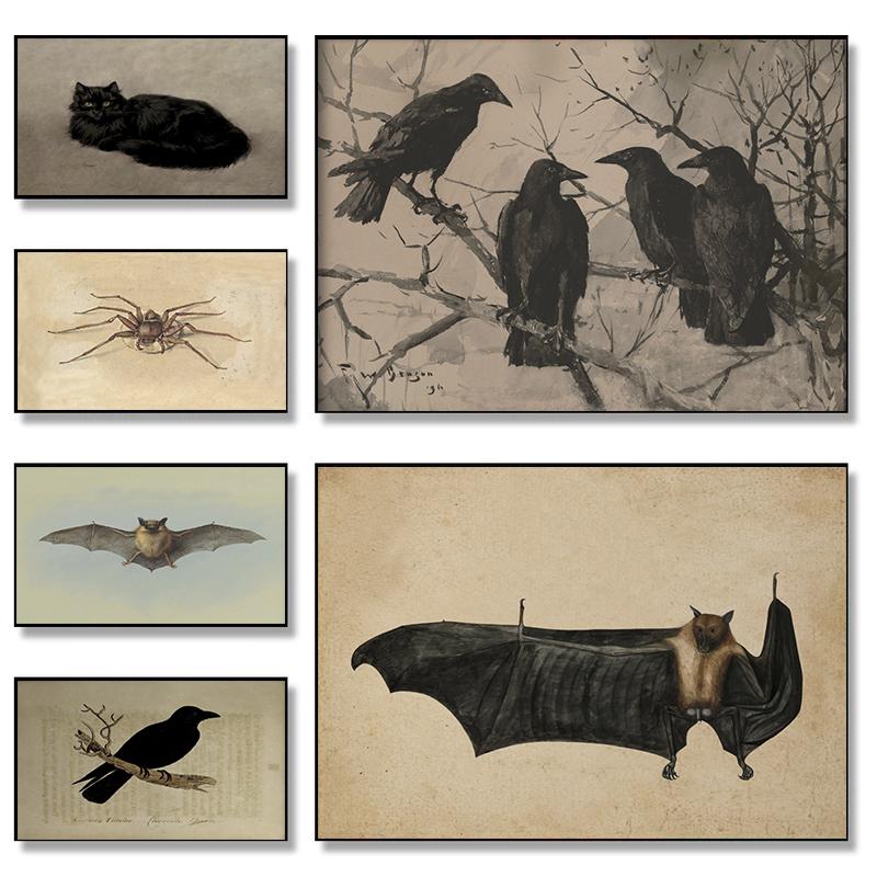 Vintage Spider Antique Bat Raven Moth Butterfly Gothic Art Poster Canvas Painting Wall Prints Picture Dark Academia Decoration