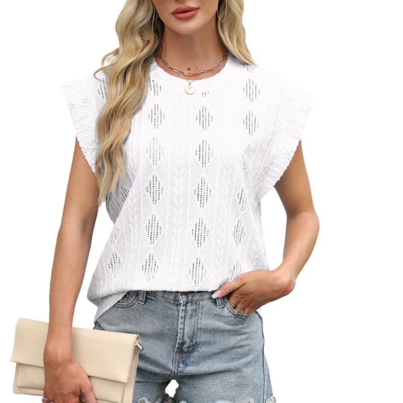 Spring Summer Round Neck Loose Short Sleeved T-shirt Jacquard Top Vest for Women Shirt