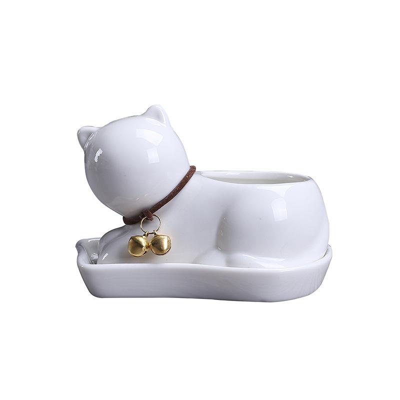 American Rural Creative White Ceramic Succulent Flower Pot, Home Decoration Mengmeng Cartoon Kitten Green Plant Potted Plant