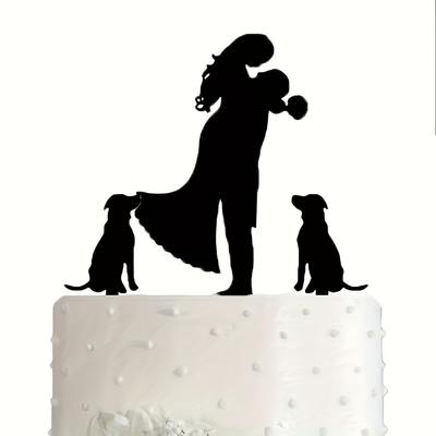 Topper per torta nuziale da 2 pezzi - Sposa tiene in braccio lo sposo con fiori oltre alla silhouette dei cani. Decorazione per torta. (Nero)