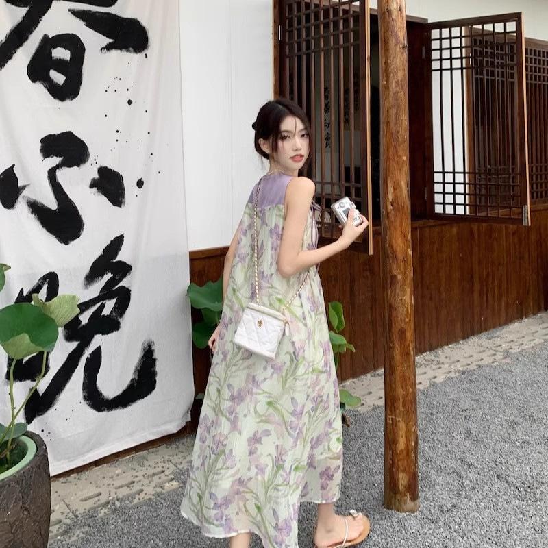 Coffee break French sleeveless floral suspender dress children's summer new high-end and thin temperament long dress