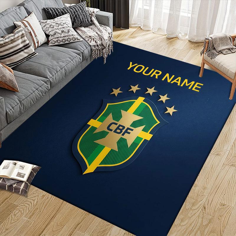 Custom Name,Brazil National Football Team Home Sofa Decoration for Living Room & Bedroom, Non‑Slip Play Flannel Floor Mat for Game Room