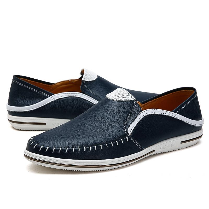 Fashion Italian Mens Shoes Comfy Summer Men Loafers Non-Slip Genuine Leather Moccasins Light Breathable Slip on Boat Shoes Lightweight