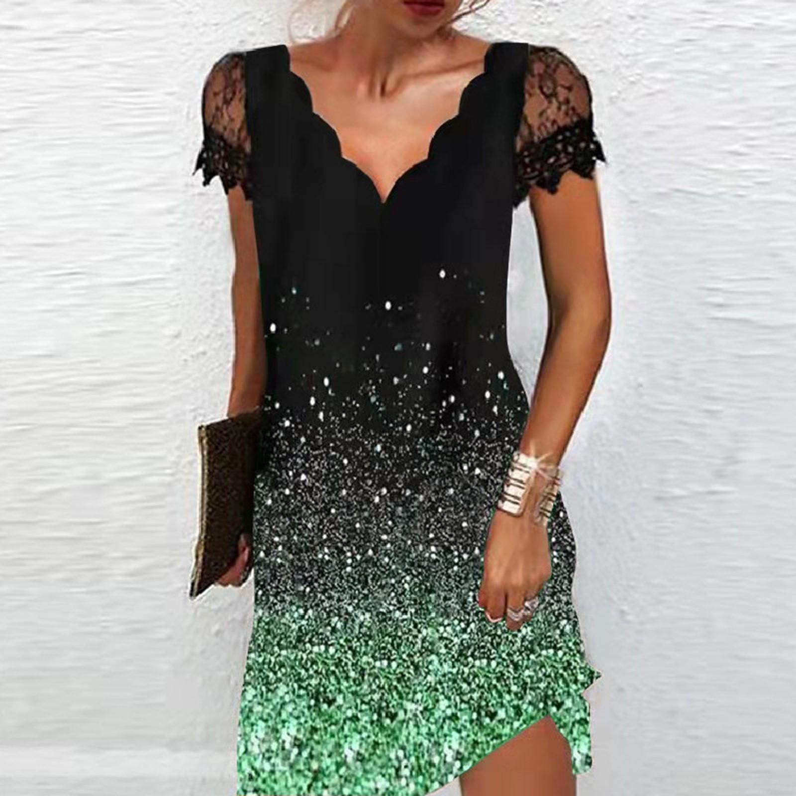 

Женское повседневное платье с короткими рукавами и волнистым принтом с V-образным вырезом и кружевной панелью XXL зелёный