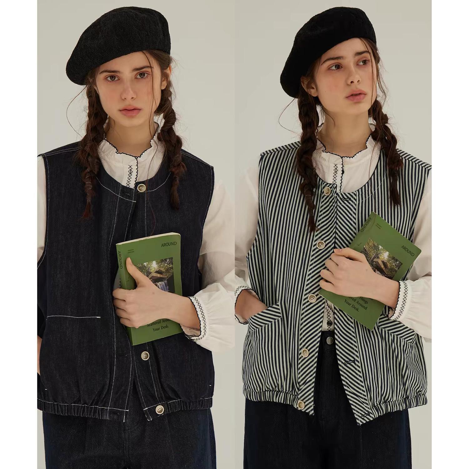 

Lanmi Women s Japanese Retro Reversible Denim Vest with Dark Contrast Lines Large