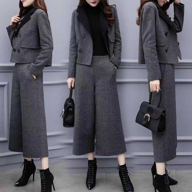 Pants Sets Two Piece Women Wool Cardigan Blazer Thick Button Wide Leg Pants Pockets Solid Casual Suits Outwear Winter