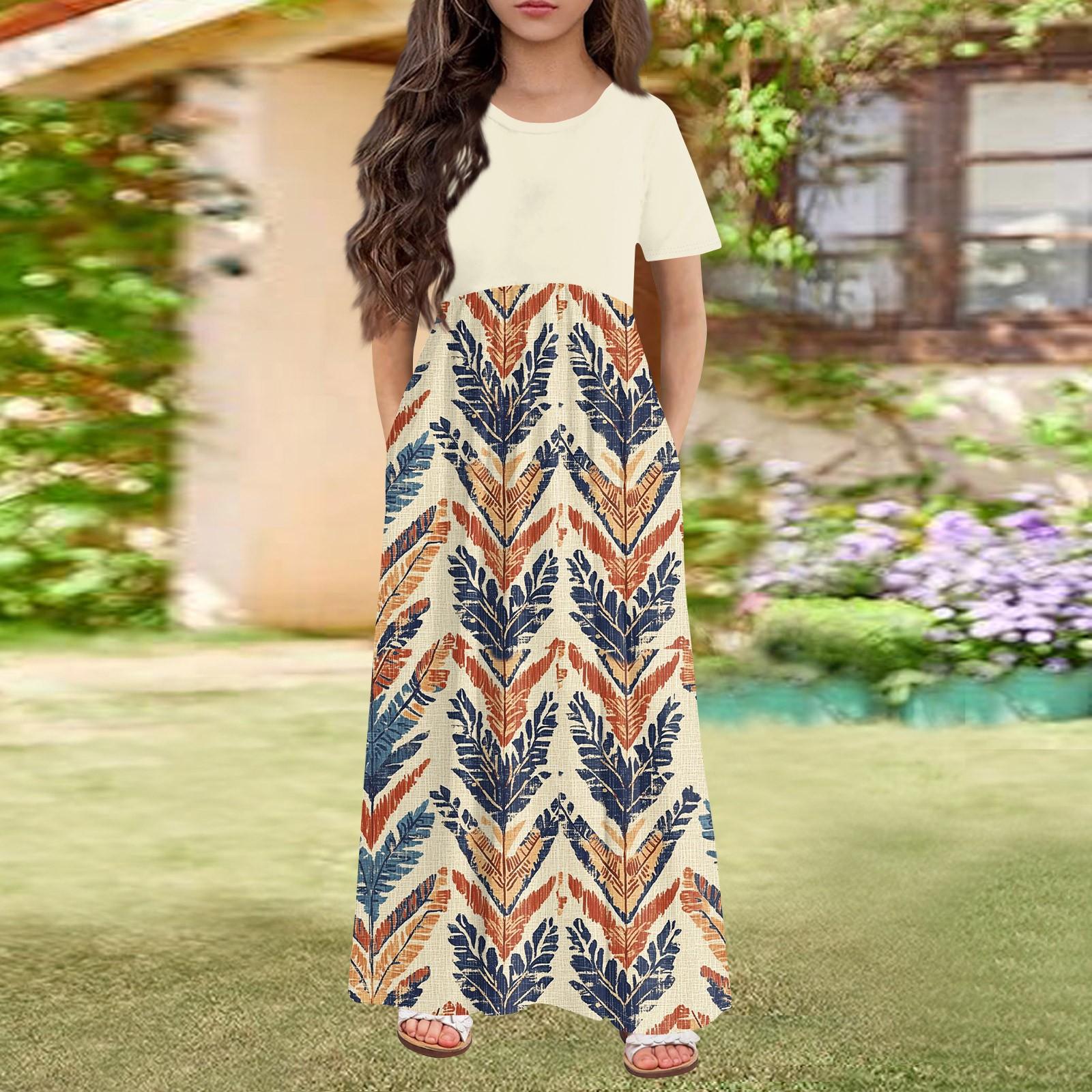 

Довга літня сукня для дівчаток - сукня максі з короткими рукавами та кишенями для дітей віком 4-14 років 150 хакі