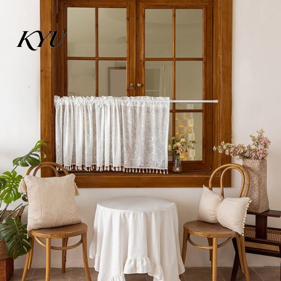 Landhausstil Badezimmerfensterdekoration Boho Kurzer Vorhang, Küche Café Transparenter Vorhang mit Quasten, Vintage Abdeckungen Blumenpflanzen Druck Bauernhaus