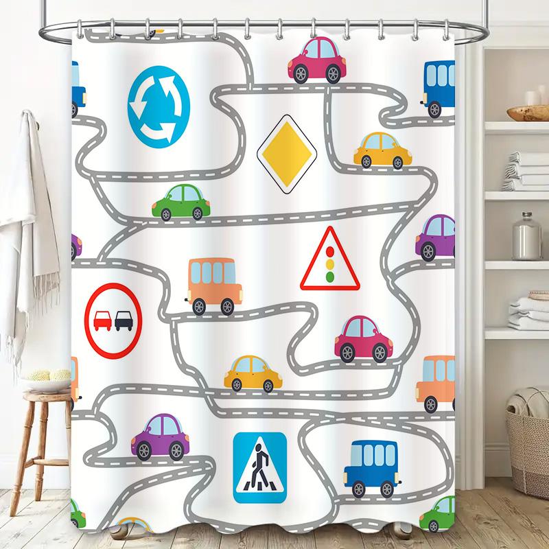 Brightly Colored Road Signs Shower Curtain for Kids Bathroom Decor Car Safety Print Bath Liner (White)