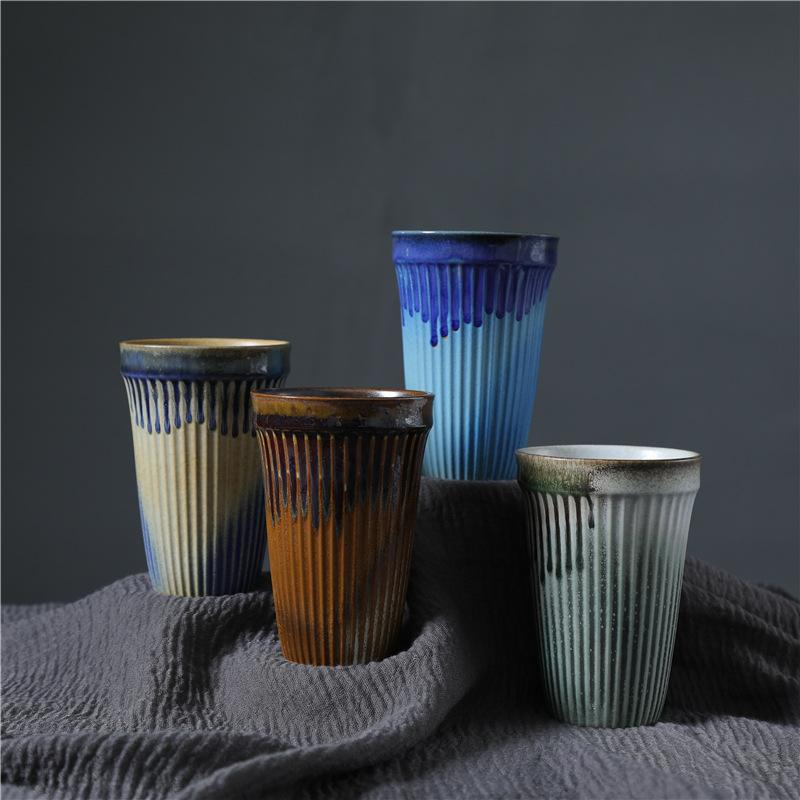 Cana de cafea ceramică cu dungi verticale, stil european, pentru acasă, pentru micul dejun, retro, cu schimb de cuptor, cană pentru cuplu, cană de cafea