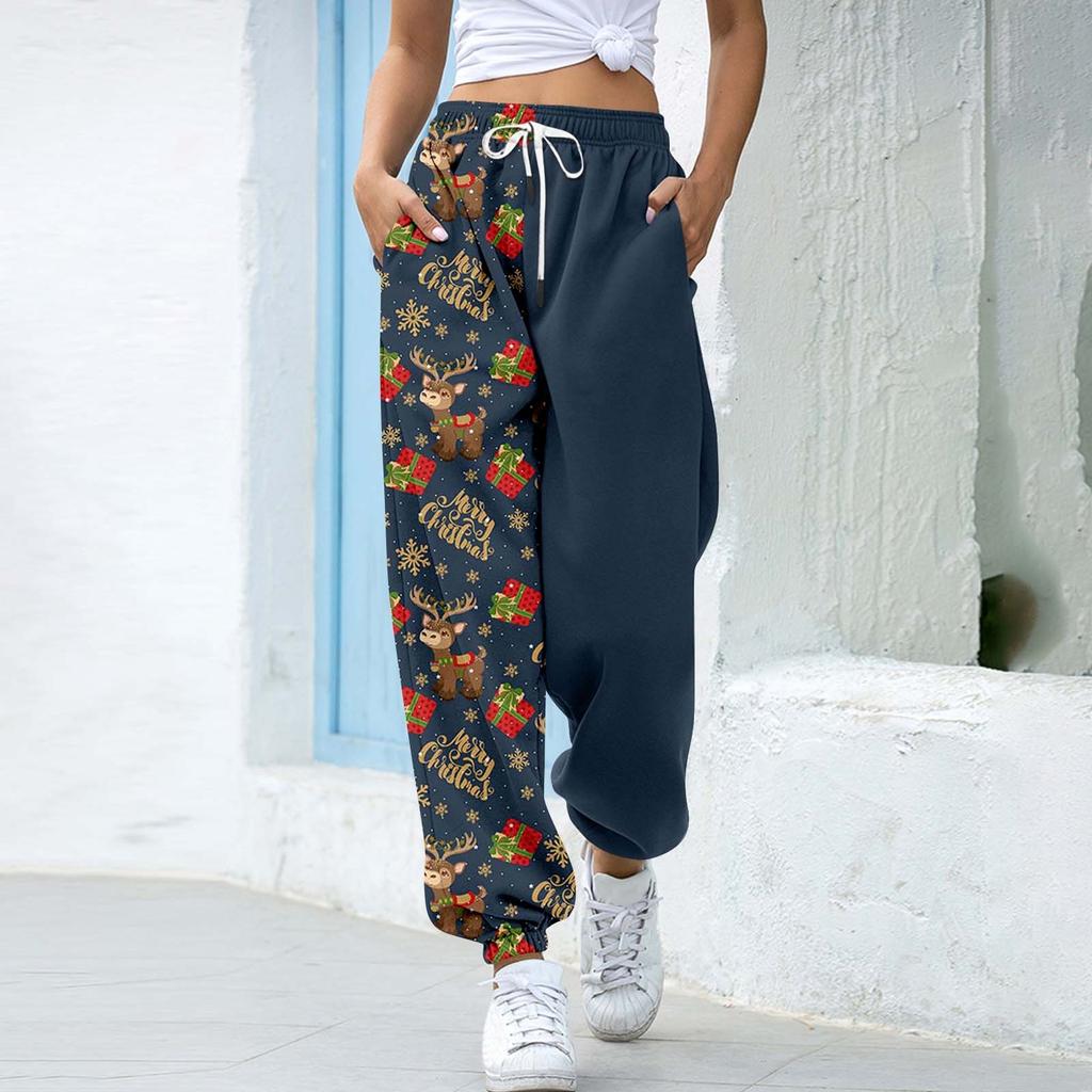 Women's Christmas  Print Casual Pants Drawstring Elastic Waist Drawstring Pants WIth Pockets