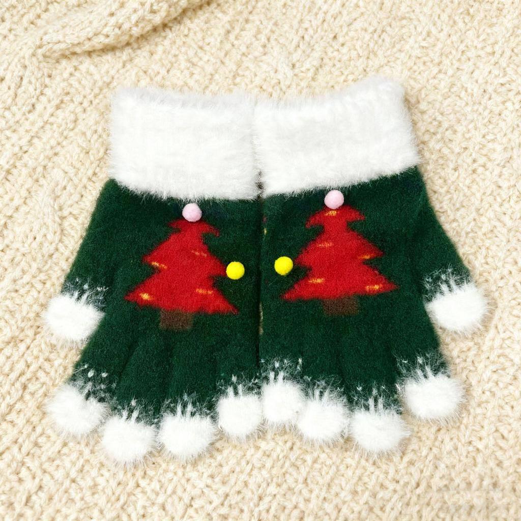 Snowflake Christmas Tree Gloves for Women in Winter with Exposed Fingers Touch Screen Fluffy Fur for Students To Ride Bicycles