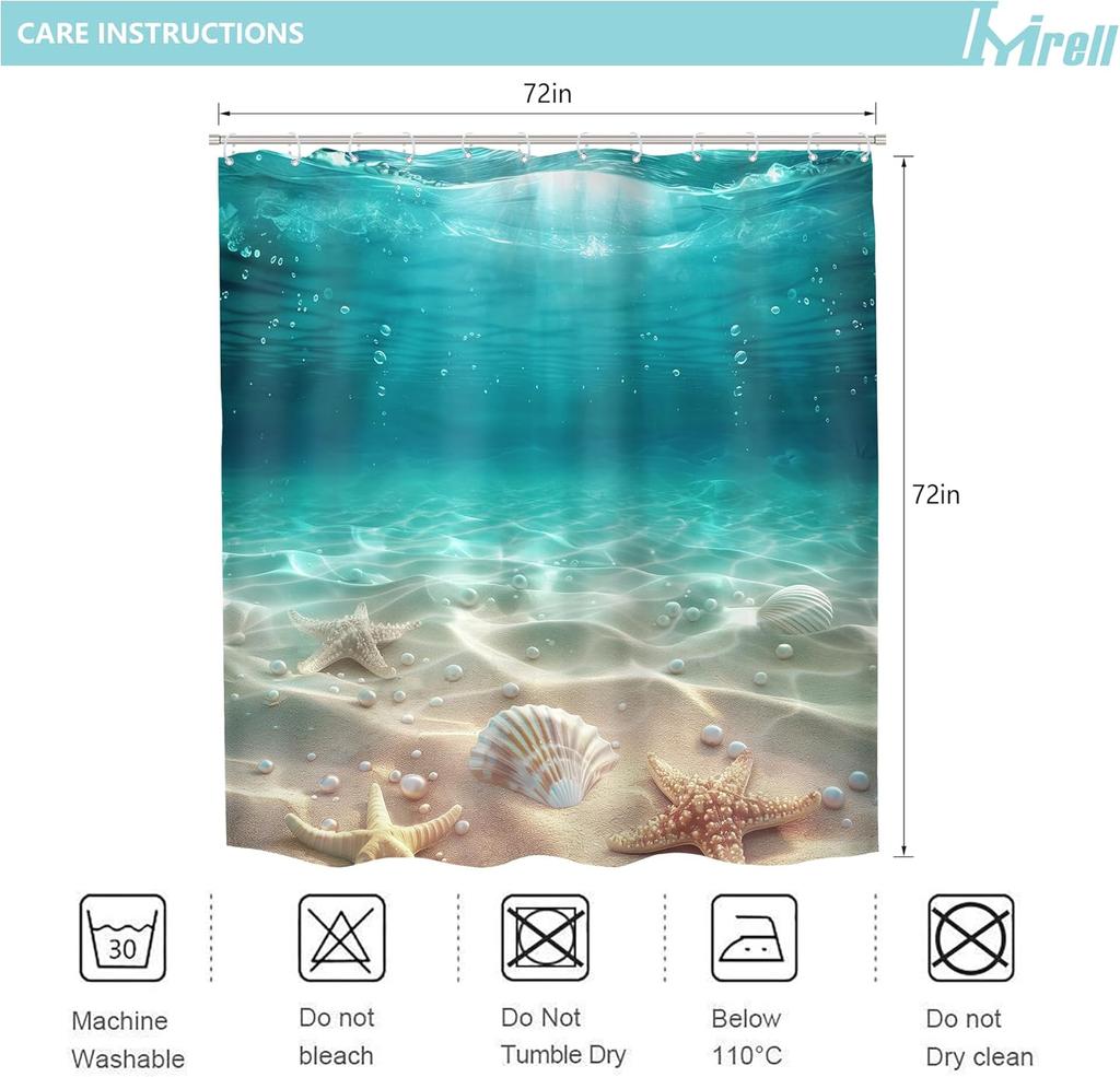 Blue Ocean Shower Curtain With Coastal Sunset Seaside Scenery, Rustic Starfish Shells And Pearls Design Bathroom Set