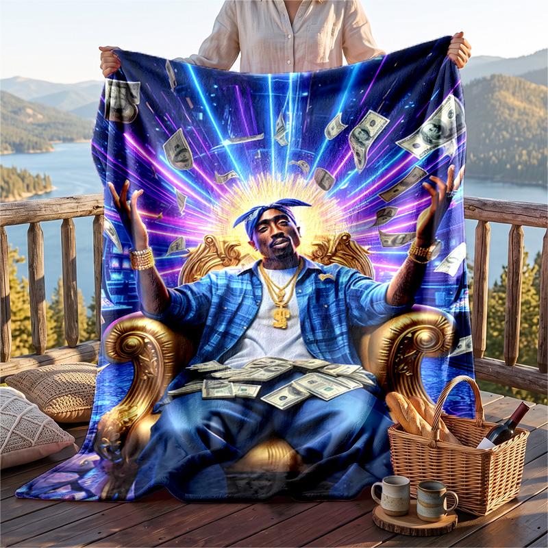 Warm Flannel Blanket Tupac Pattern, Lightweight Comfortable Throw Blanket for Bed Sofa Use