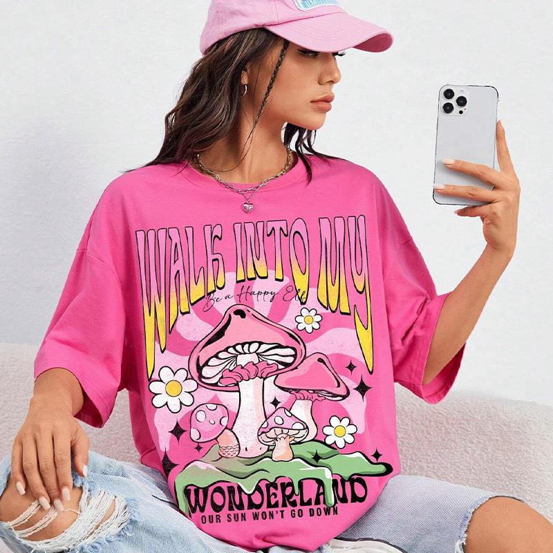 Tricou cu imprimeu cu litere cu ciuperci de desene animate creative pentru femei de modă