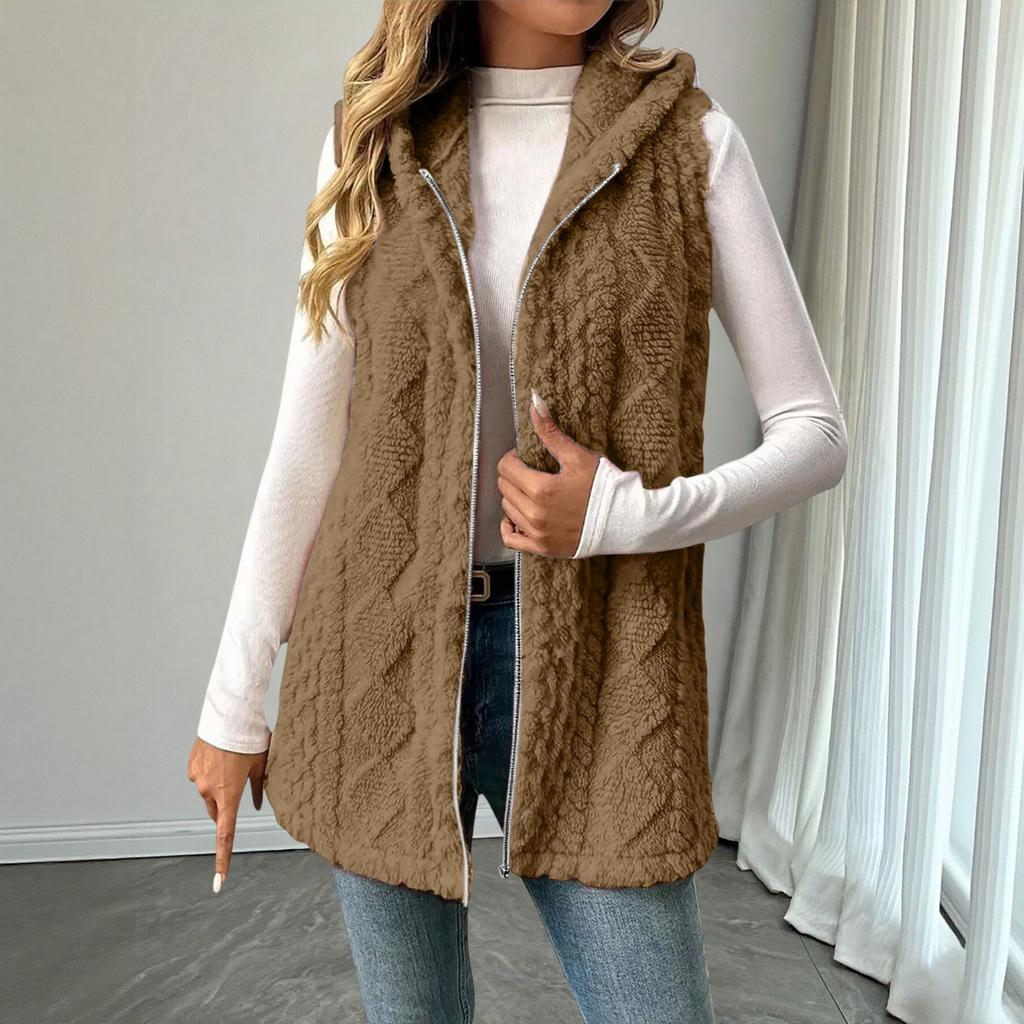 Women's Fashionable Solid Color Sleeveless Hooded Zipper Casual Plush Vest Jacket