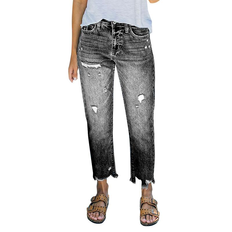 High-Waisted Straight Washed Ripped Women's Long Jeans