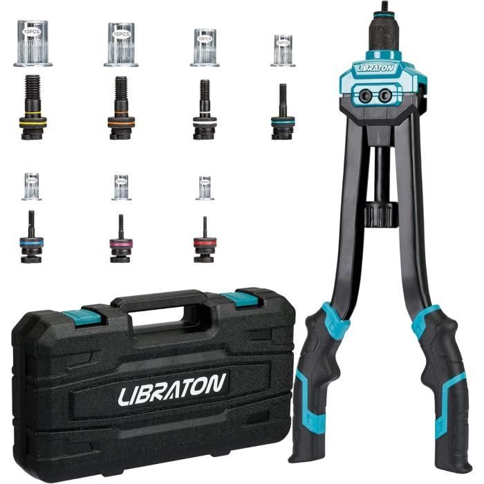 Pince à rivet - Libraton - Kit complet - 70 écrous - 7 mandrins - Acier au carbone