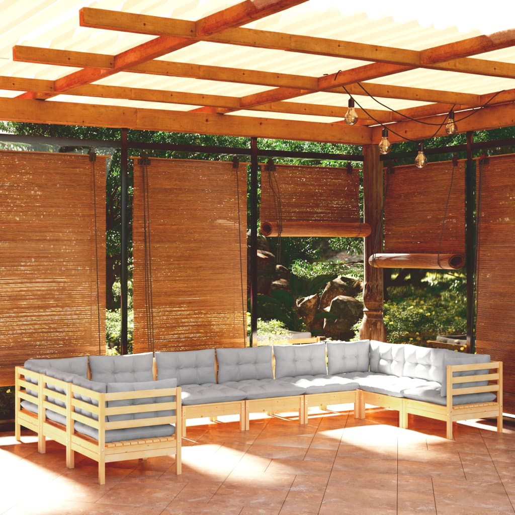 10 Piece Garden Lounge Set with Grey Cushions Pine Wood
