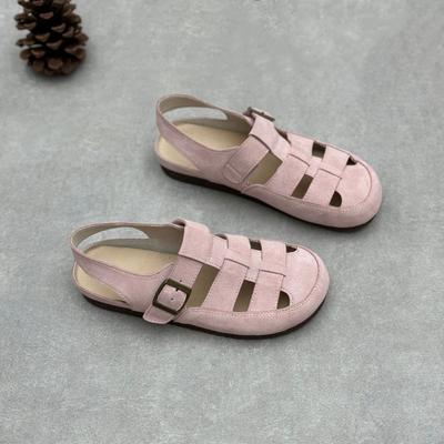 GKTINOO 2025 Été Nouveau Bout Rond Tissé Cuir Véritable Sandales Plates Rétro Daim Vache Chaussures Polyvalentes pour Femmes
