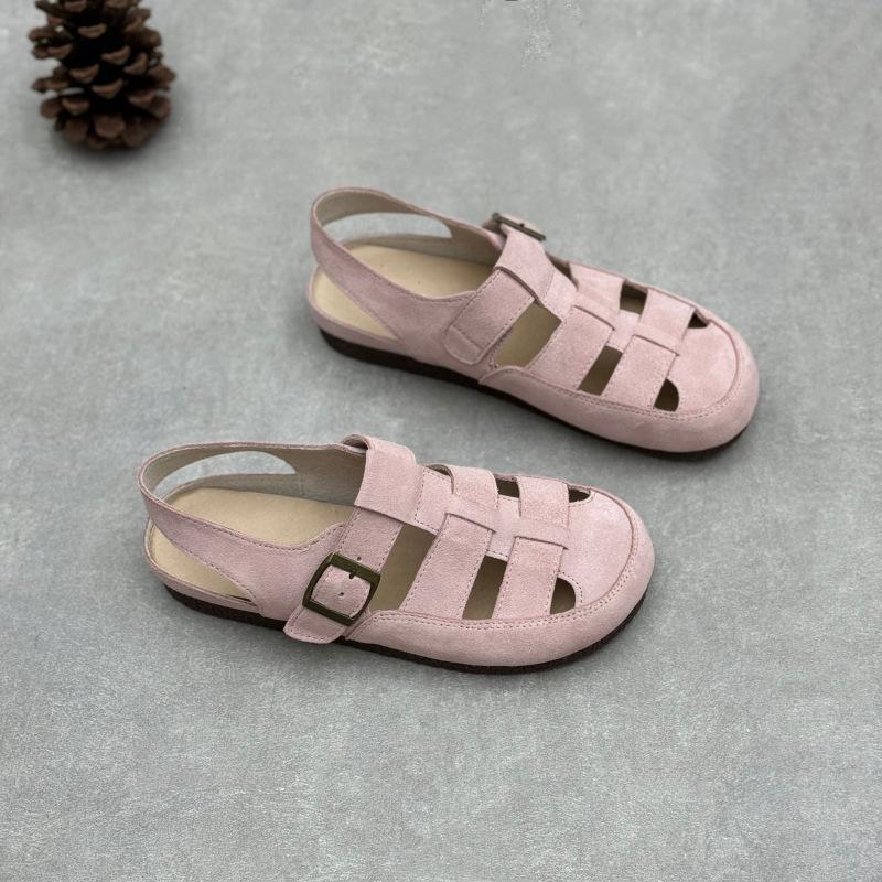

Fashion GKTINOO 2025 Summer New Round Toe Woven Genuine Leather Flat Sandals Retro Cow Suede Versatile Women s Shoes 40 розовый