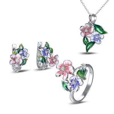 Conjunto de Joyería Esmaltada Floral para Mujer Colgante Elegante Pendientes Largos Anillo Set de Regalo