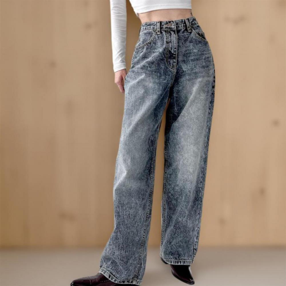 New Arrivals Open Run Women Stone Wash Loose Fit Wide Jeans Autumn Half High