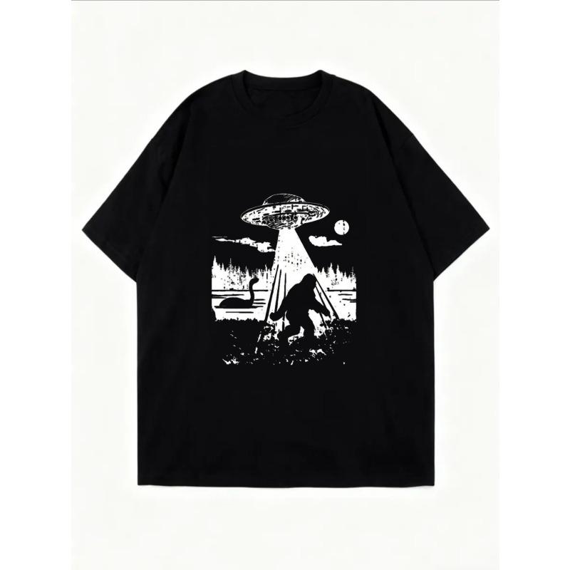 White Oversized T Shirt With UFO And Bigfoot Print For Casual Wear