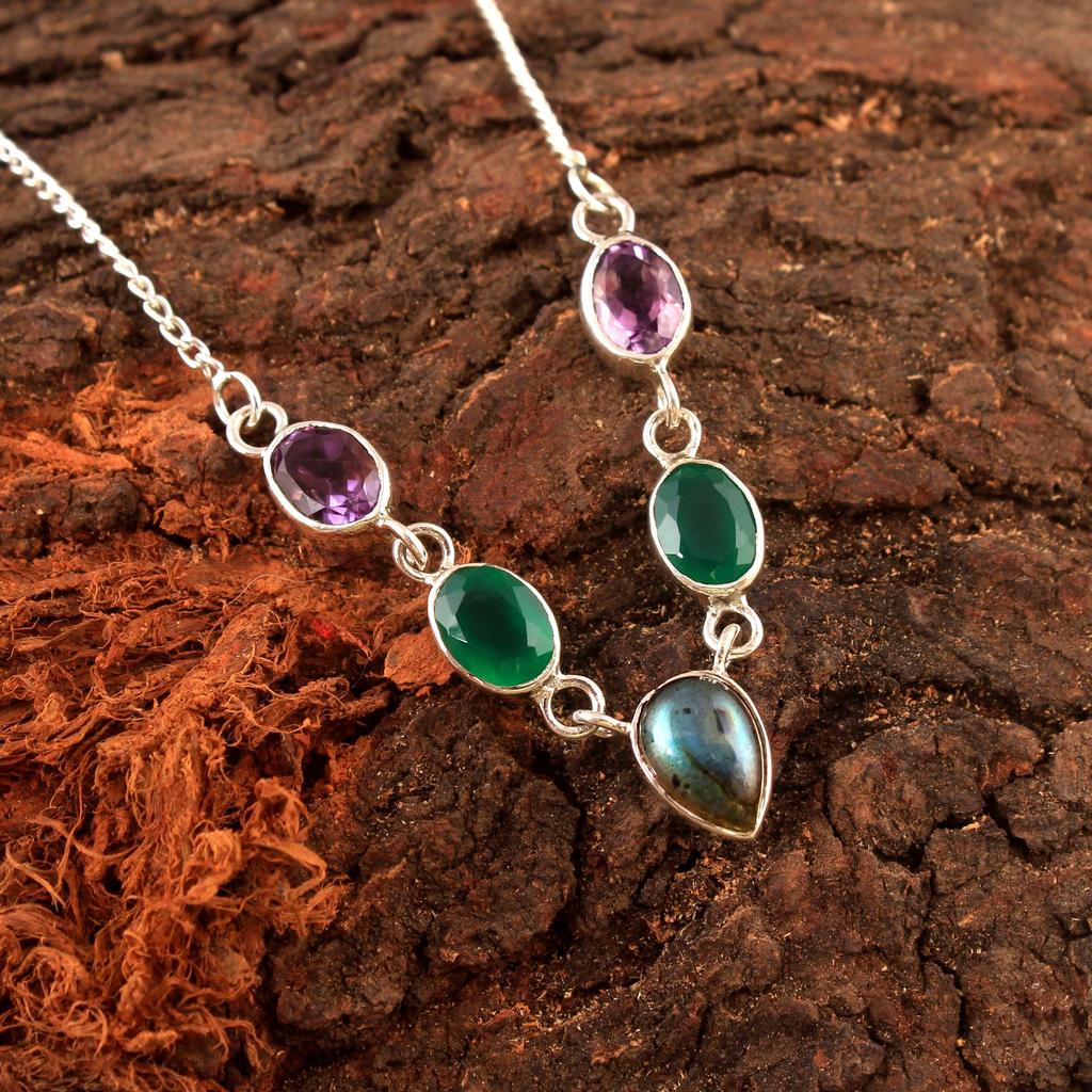 Labradorite Green Onyx Amethyst Silver Women Necklace 925 Sterling Silver Fine Jewelry