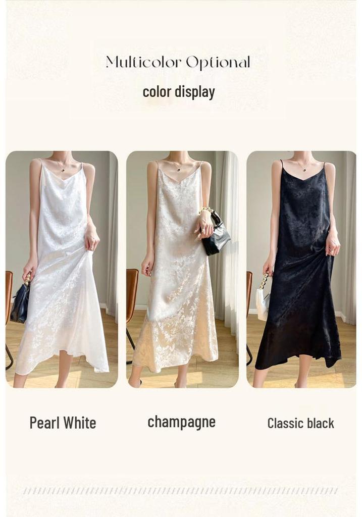 Damen Chinesischer Stil Satin Jacquard Maxikleid mit Spaghettiträgern