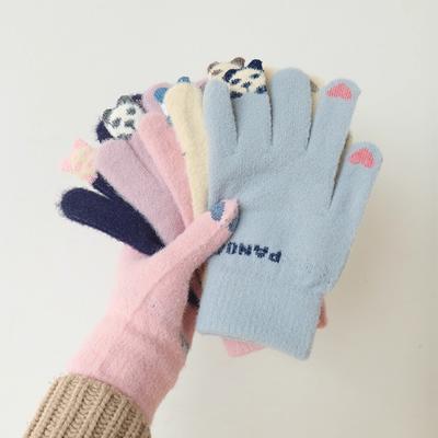 Gants d'automne et d'hiver étudiant mignon femelle peluche anti-froid laine bout des doigts panda roux tricoté chaud hiver froid