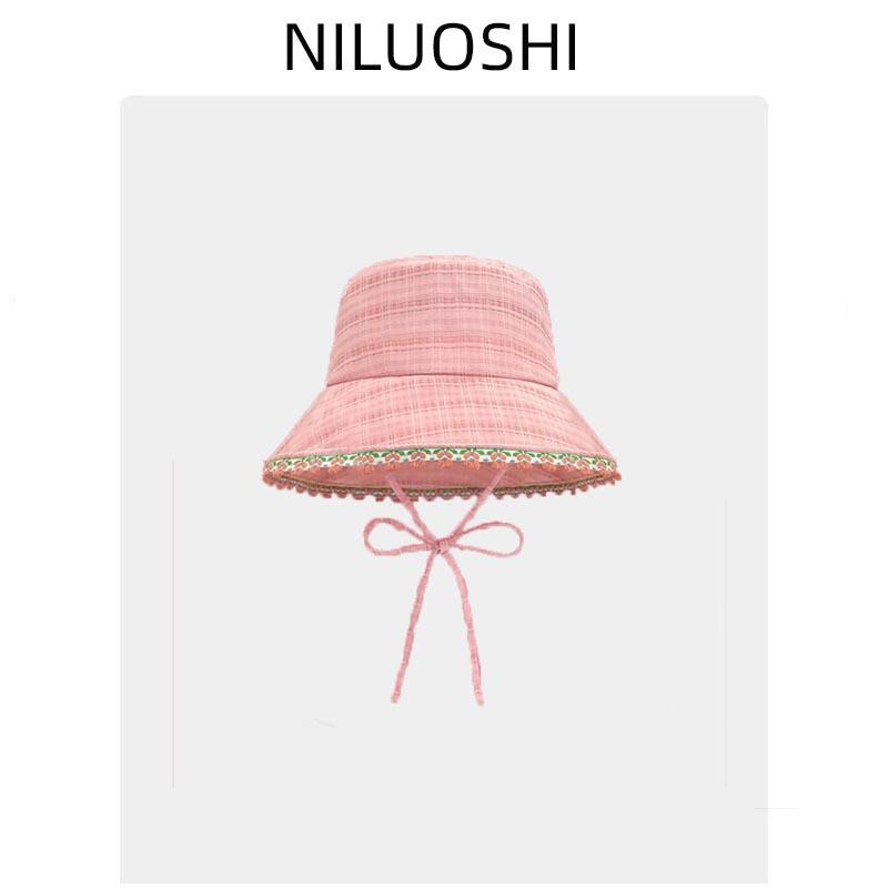 Sweet and cute lace blue bucket hat women's spring summer sunshade sunscreen basin hat outdoor big brim climbing hat tide