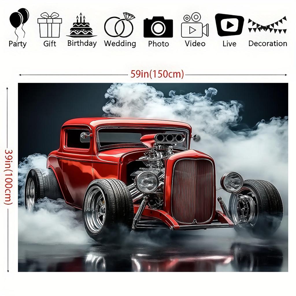 Classic Car-themed Photography Background Cloth - 1 Piece, Retro Vehicle and Smoke Party Background, Home Cake Table Decoration