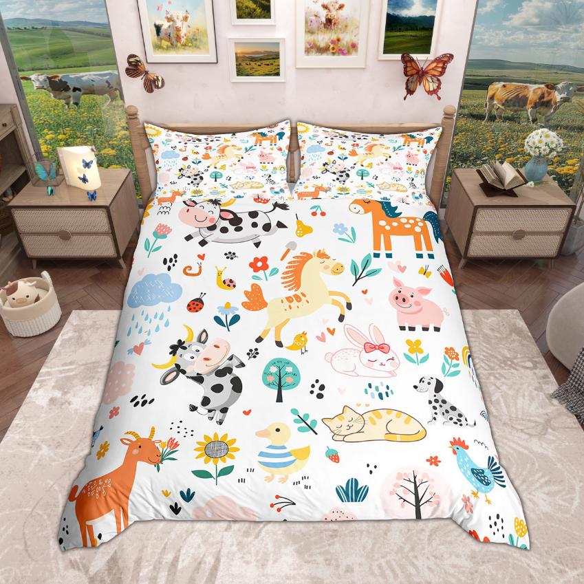 Homewish Farm Animal Duvet Cover Set 2Pcs/3Pcs Rooster Horse Highland Cow Bedding Rustic Farmhouse Quilt Cover Set