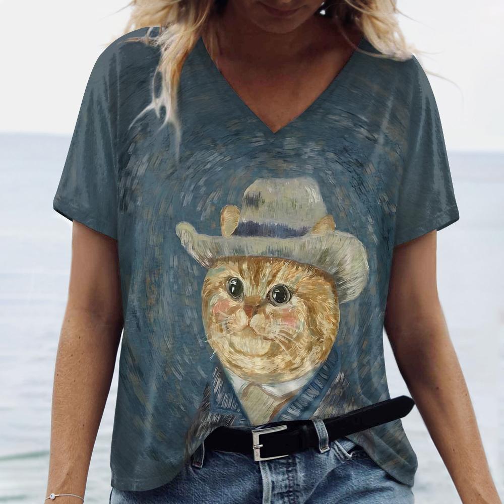 New Women's T-shirt Cartoon Cat print Vintage Plus Size Top Summer Women's Trending Clothes Fashion Short Sleeve Shirt V-neck