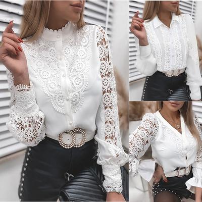 Hemden Elegant Büro Damen Weiß Kragen Spitze Patchwork Aushöhlen Knopfleiste Damen Tops Und Blusen Mode Bluse