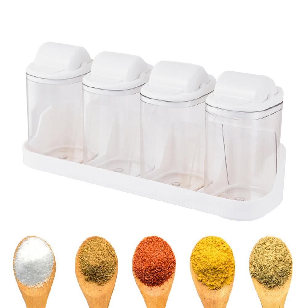 

Seasoning Box With Tray 4 Pack Salt Pepper Sugar Storage Container With Base Transparent Wall-mounted Pepper Storage Holder For