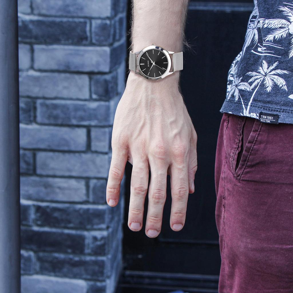 BUREI Herren Analog Quarz Uhr, Wasserdicht, Silber, Mailänder Maschenarmband, Beliebt, Schlank, Schlicht, Schwarz, Stilvoll, Business, Casual, Herrenuhr