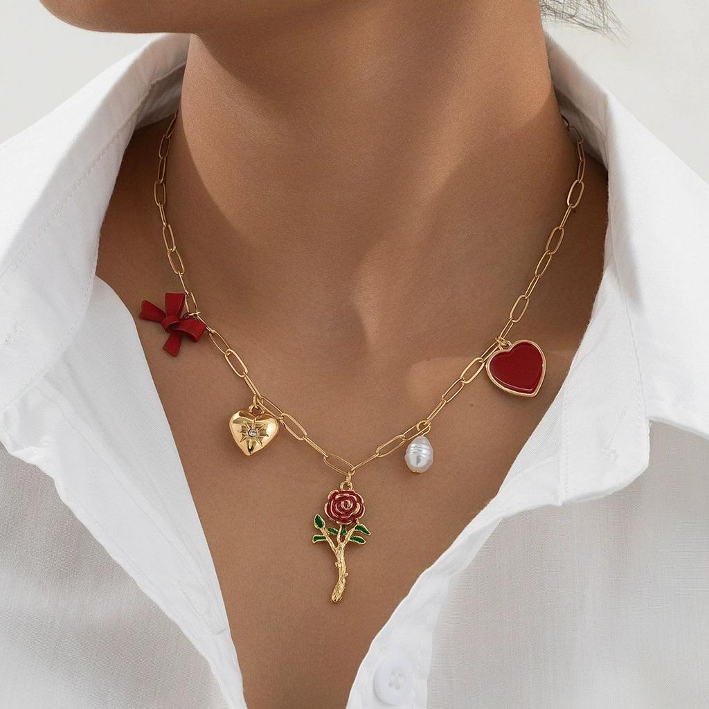 Fashion Simple Temperament Elegant Woman Metal Red Love Artificial Pearl Bow Women's Necklace