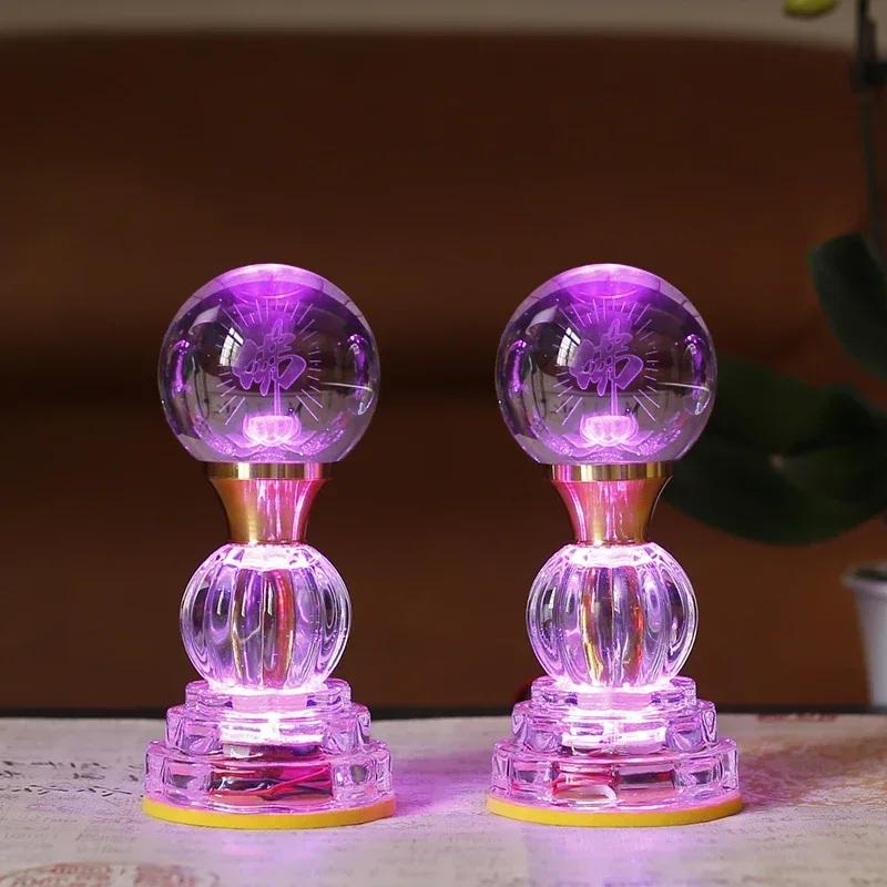 Household LED Crystal Lotus Lamp, Buddhist Decorative Accessories, Seven Color Buddha Supply Lamps, Prayer, Feng Shui, Plug-in