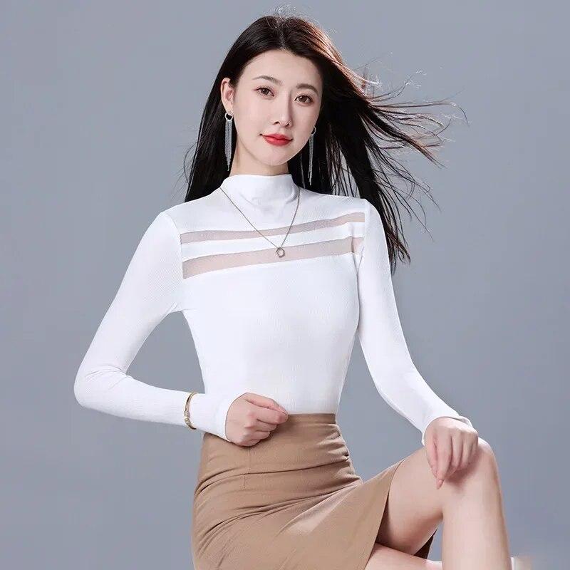 Herbst Bodenbildung Gestricktes T-shirt Frau Langarm Solide Frauen T-shirt Slim Fit Hälfte Rollkragen T-shirts Beiläufige Dünne Tees 29839