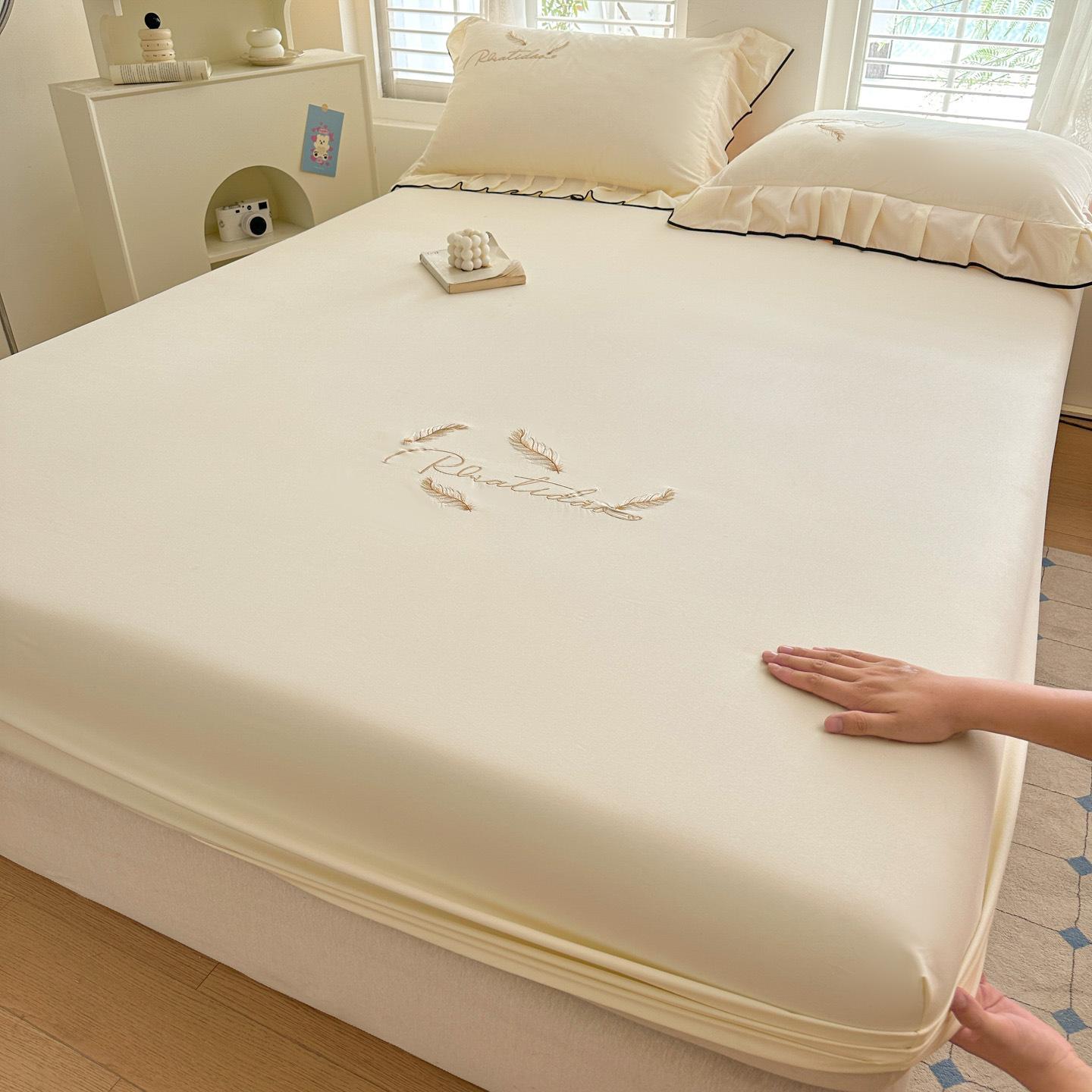 Washed Cotton Polished Embroidery Mattress 3Pcs, Bed Partition Pad Single Piece Non-Slip Mattress Cover All-Inclusive Mattress Protective Cover 90x200 + 30cm single bed hat