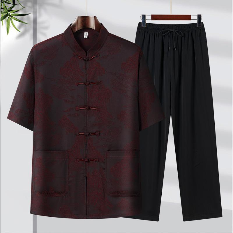 High-Quality Men's Striped Silk Tang Suit Summer Set: Chinese Style Casual Wear for Middle-Aged & Elderly