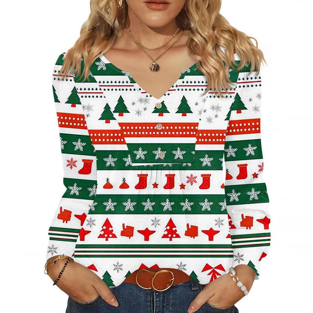 Women's Fashionable Casual V-neck Blouse Button Christmas Printed Long-sleeved Pullover T-shirt Top