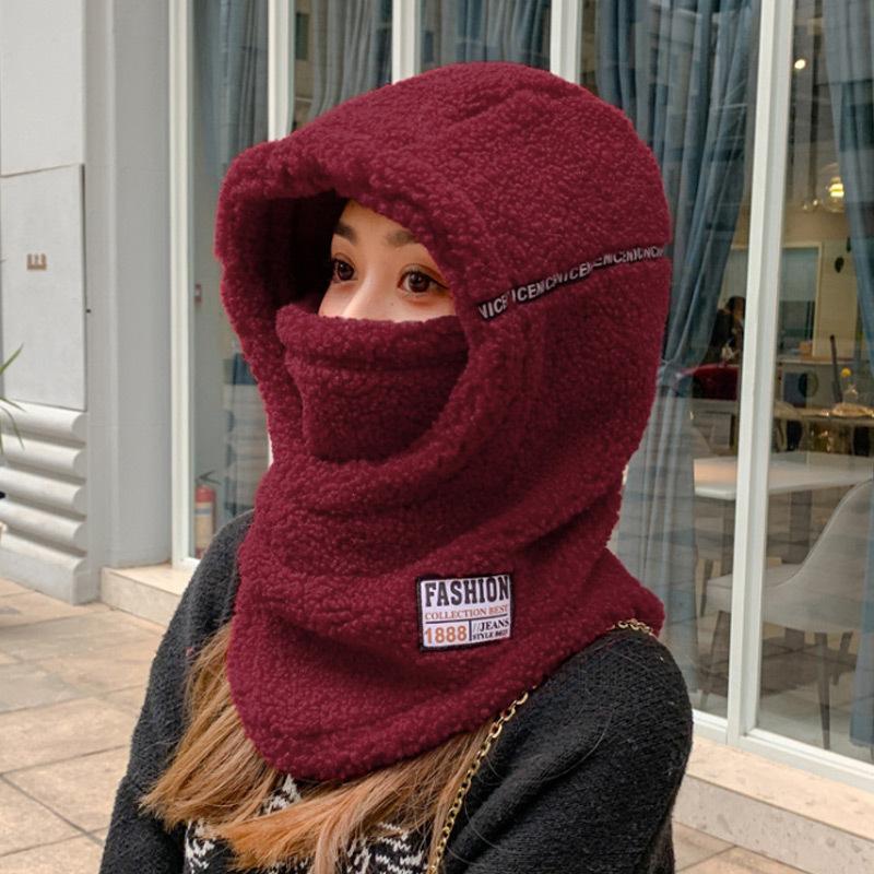 Lamb Wool To Keep Women Warm In Winter, Thickened Anti-wind and Cold, Ear Protection, Face, Scarf, Mask, Integrated Hat, Cycling