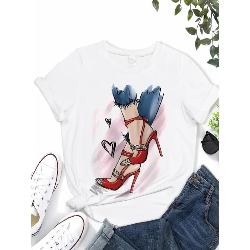 High Heels Printed T-Shirts, Spring/Summer Casual Short Sleeved 2D Round Neck Top Women'S Fashionable And Trendy Clothing