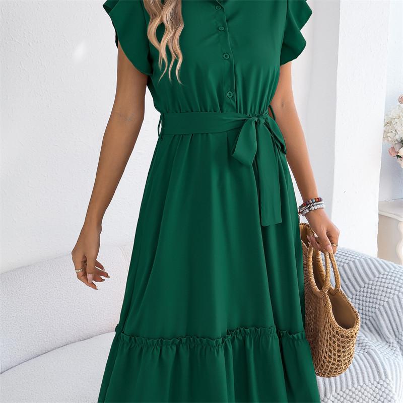 2026 Spring/Summer Women's Stand up Collar Ruffle Lace Waist Shirt Skirt S-XL