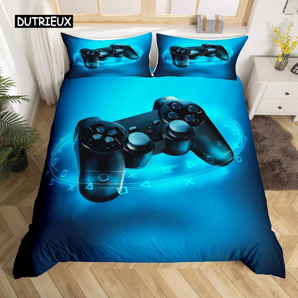 Gamepad Duvet Cover Set Queen Video Game Twin Bedding Set Microfiber Green Cartoon Gamer Pattern Electronic Theme Quilt Cover