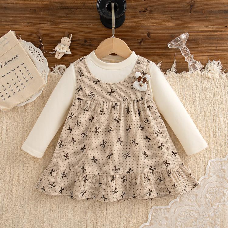 Girls' autumn new 2025 Korean version of infant fake two-piece dress long-sleeved cute rabbit print princess dress