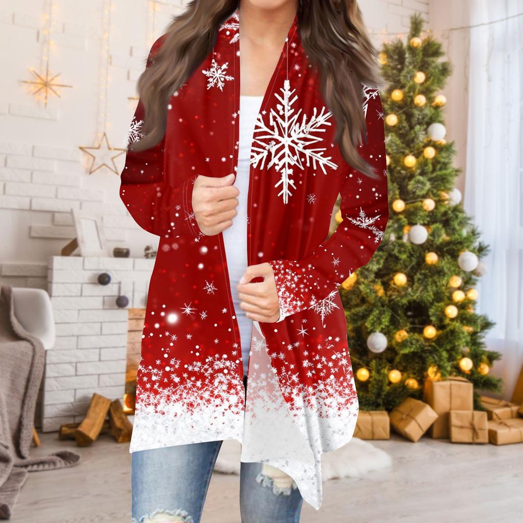 Dame Mote Casual Jul Print Medium Lengde Cardigan Jakke Kåpe